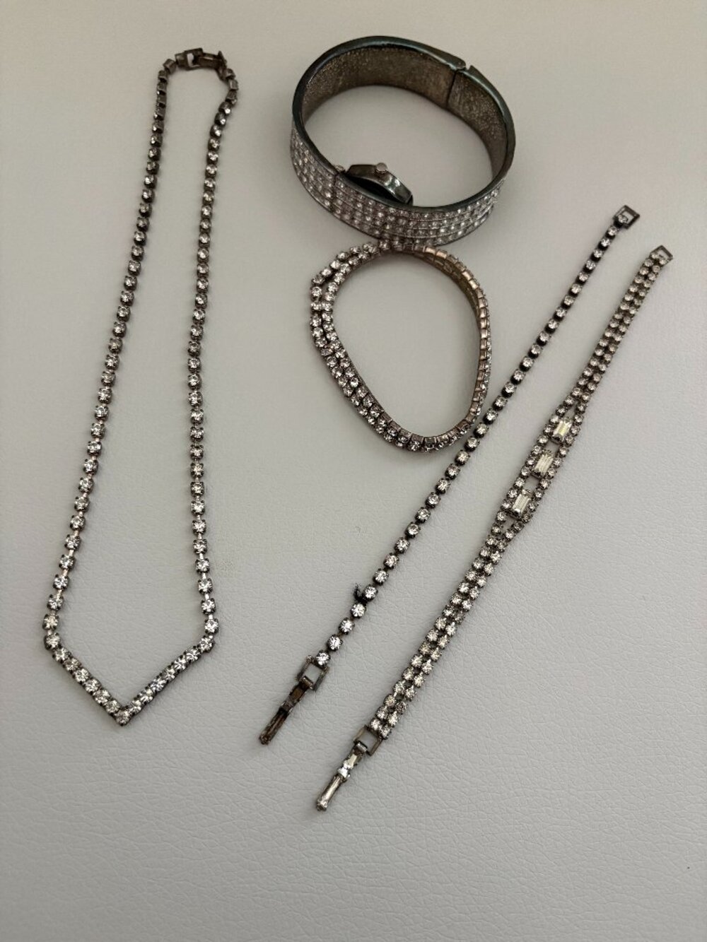 Collection of Vintage Clear Rhinestone Necklace and Bracelets